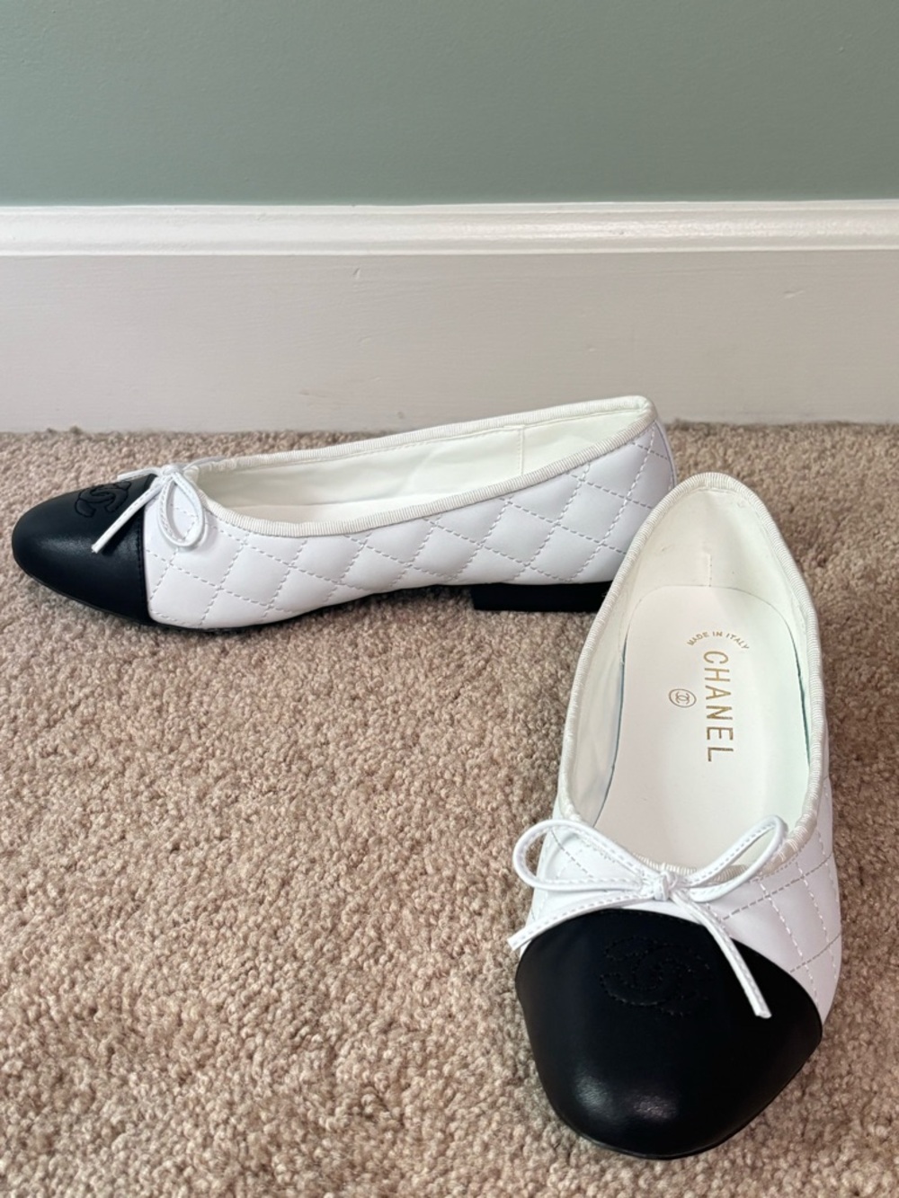 Two-Tone White and Black Quilted Leather Ballet Flats - Picture 2 of 4
